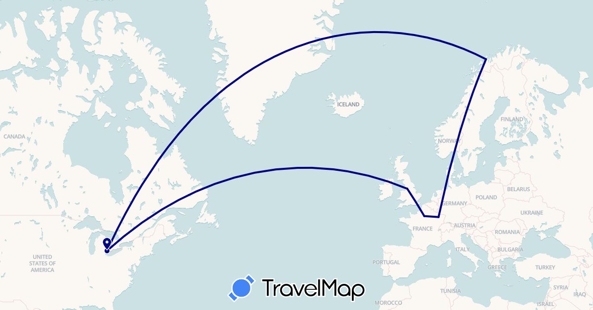 TravelMap itinerary: driving in France, United Kingdom, Norway, United States (Europe, North America)